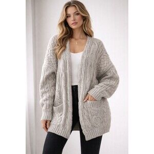 Reiss Cardigan Sweater Women's Open Chunky Cable Knit Fisherman Oversized-L/XL?